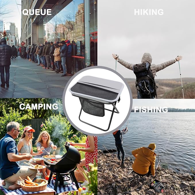 Portable Collapsible Stool, Large Camping Chair Supports 260 lbs, Adjustable Shoulder Strap Folding Stool, Ultralight Collapsible Stools with 3pcs storage bags for Hiking, Fishing, Outdoor (Gray)