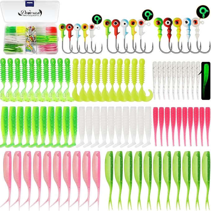 Dovesun Crappie Lures with Jig Heads Kit, Soft Plastic Grubs-Tube Baits 1/8oz 1/16oz 1/32oz Crappie Jigs Walleye Trout Bass Crappie Baits 95-120pcs