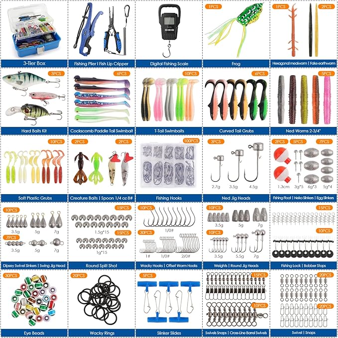 Fishing Lures Kit, 421PCS Tackle Box with Tackle Included, Fishing Pliers, Hooks, Soft Baits, Weights & Accessories - Complete Freshwater Bass Fishing Gear Kit for Men with Gift(Blue)