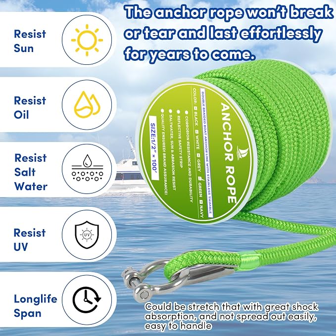 Boat Anchor Rope 100 ft x 1/2 inch Grass Green, Double Braided Anchor Line with Stainless Steel Thimble & Shackle, Marine Rope Ideal for Towing,Mooring,Decks,Anchoring,for Boats Up to 35'