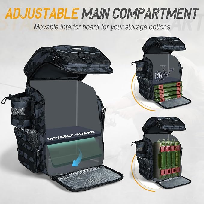 Goture Fishing Backpack, 900D Water-Resistant Tackle Bag with Rod Holders, Insulated Cooler Compartment, 55L Large Capacity Fishing Gear Storage for Saltwater&Freshwater Camping Hiking,Gifts for Men