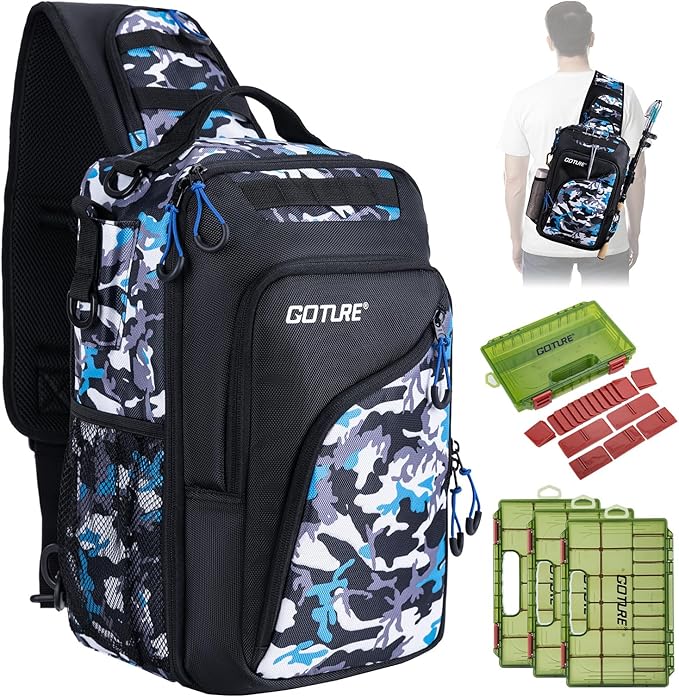 Goture Camouflage Fishing Tackle Bag, 1680D Water-Resistant Sling Fishing Backpack with Rod Holder, Anti-Slip Waist Strap, Tackle Bag with 3 3600 Trays, Fishing Gifts for Men Saltwater Freshwater
