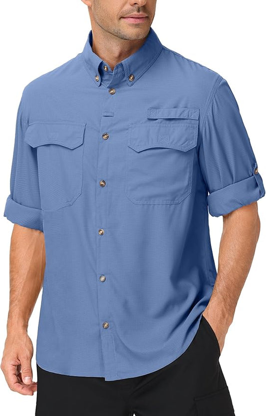 Roadbox Men's Sun Protection Fishing Shirt, Long Sleeve Cool Dry Lightweight UPF 50+ Shirts for Hiking Safari Camping Travel