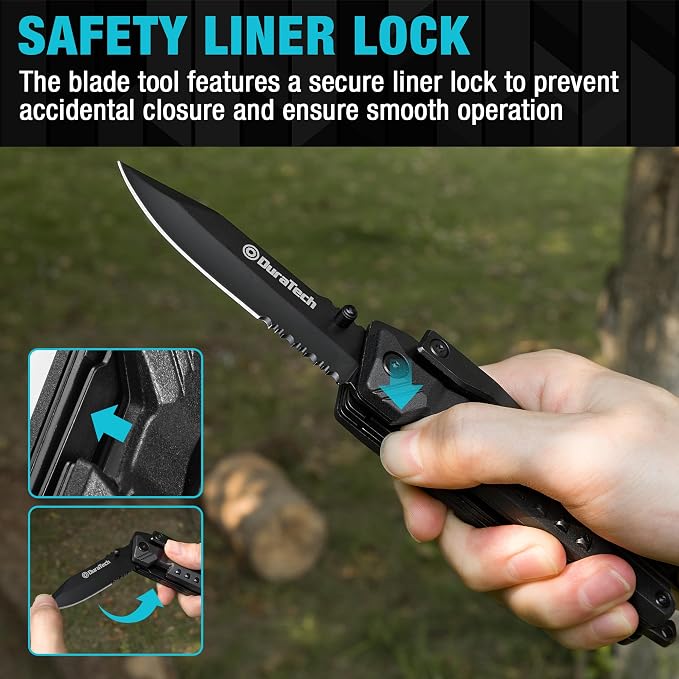 DURATECH 20 in 1 Multitool with Safety Locking, Gift for Men Dad, with Pocket Knife, Screwdriver, Saw, Can Opener, Bottle Opener, Whistle, Fire Starting Sticks, Multi Tool for Outdoor, Hunting, Hiking