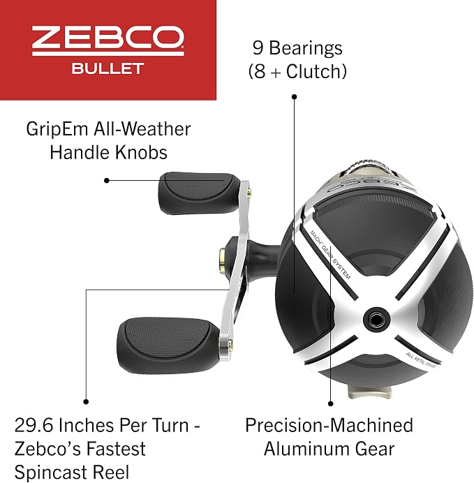 Zebco Bullet MG Spincast Fishing Reel, Size 30 Reel, Ultra-Lightweight Magnesium Body, Changeable Right- or Left-Hand Retrieve, Oversized Non-Slip Handle Knob, Dark Silver