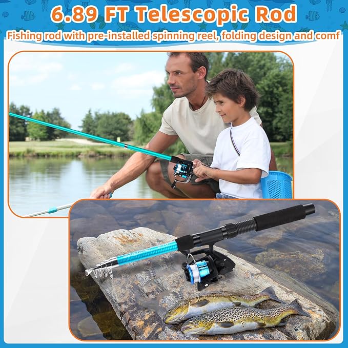 MiniInflat Telescopic Fishing Rod and Reel Combo, 6.89ft 2pcs Collapsible Rod with Plier Lip Gripper Lures Carrier Bag Pre-Loaded Spinning Reel Saltwater Freshwater Fishing Pole Kit