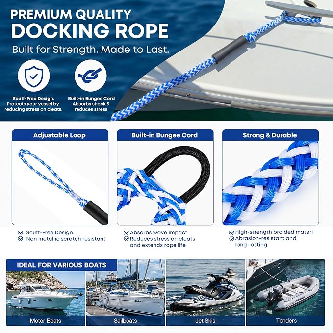 Boat Bungee Dock Lines, Scratch-Free Loop Ends Mooring Rope, Shock Absorbing Pontoon Tie Down Accessories Compatible with Models for Jet Ski（3ft-2 Pack-Blue&White Stripes）