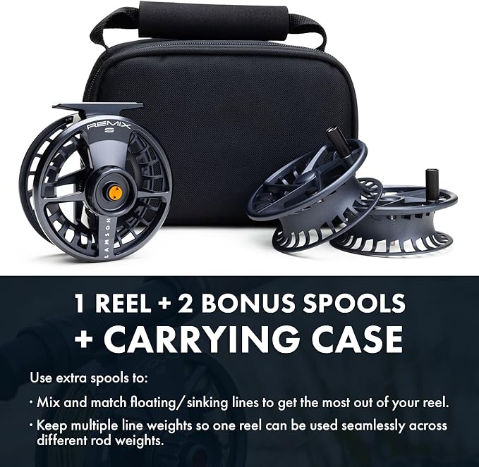 Lamson Remix S-Series Fly Reel 3-Pack (1 Reel & 2 spools with Carrying case) CNC machined Frame, Sealed Drag, 3/4/5/6/7/8/9/10 Weights