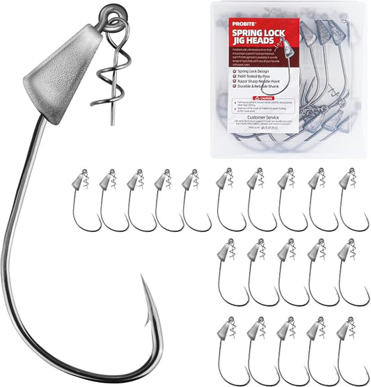 Spring Lock Jig Heads – 30pcs per Box, Weedless Jig Heads for Bass, Trout, Saltwater and Freshwater Fishing, 4 Sizes to Choose