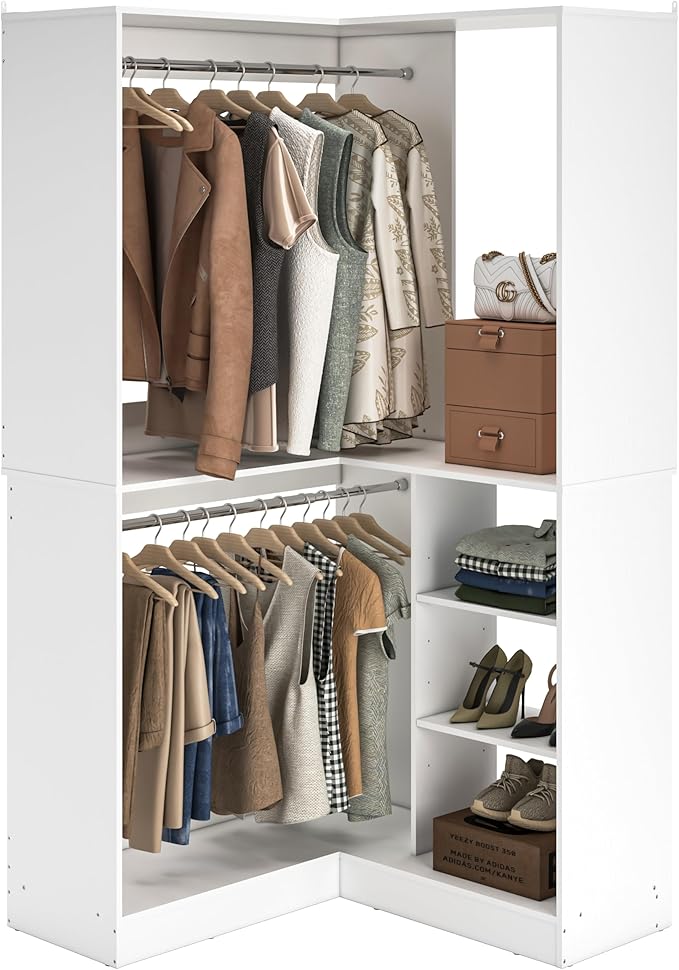 Unikito Corner Closet System, 36 Inch Large Freestanding Closet Organizer System with 2 Hanging Rods and Storage Shelves, Sturdy Walk in Closet Tower, 36" W x 36" D x 80" H, White