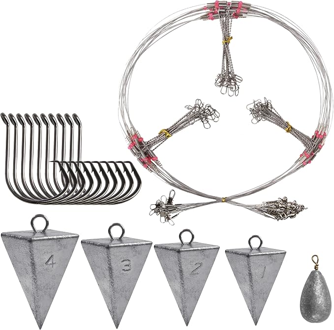 Saltwater Surf Fishing Tackle Kit - Saltwater Surf Fishing Rigs Bottom Rigs Include Fishing Leader Rigs Pyramid Sinkers Bass Casting Sinker Circle Hooks for Striped Bass Red Drum Flounder