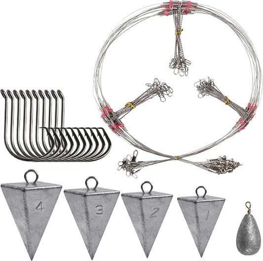 Saltwater Surf Fishing Tackle Kit - Saltwater Surf Fishing Rigs Bottom Rigs Include Fishing Leader Rigs Pyramid Sinkers Bass Casting Sinker Circle Hooks for Striped Bass Red Drum Flounder