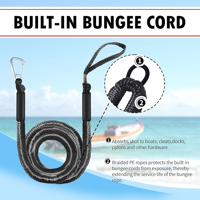 Boat Bungee Dock Lines – Adjustable Boat Tie Downs for Pontoon, Jet Ski, PWC, Kayak | Single Hook Small Cruiser Mooring Lines | (1, Black, 14 Feet)