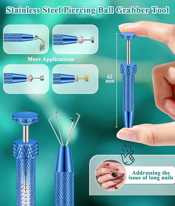 Upgraded Anti-Slip Piercing Ball Grabber Tool with Ergonomic Design for Changing Jewelry, Stainless Steel Jeweler Pick Up Tool 4 Claw Gem Piercing Changing Tool Body Piercing Kit for Ear Nose Lip