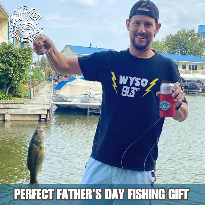 Made in USA | Beer Can Fishing Coolie | Hard Shell Drink Holder with Hand Line Reel | Holds Most Can Sleeves or Coozies | Unique Fishing Gift for Men | Retail Box Packaging | Crimson