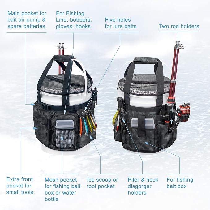 Fishing Bucket Organizer with Bucket Cover Fishing Tackle Bag with Rod & Plier Holder, Multi-Pockets for 5 Gallon Bucket Fishing Gear & Accessories Father Gifts