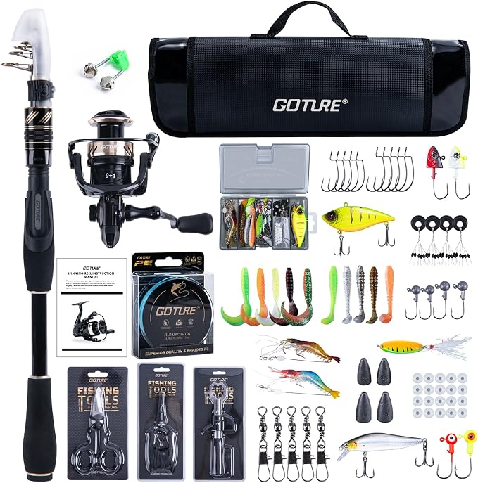 GOTURE Telescopic Fishing Rod and Reel Combos, Carbon Fiber Travel Fishing Pole, 9+1 BB Spinning Reel, Saltwater Freshwater Fishing Gear Kit with Braided Line, Lures, Carrier Bag for Bass Trout