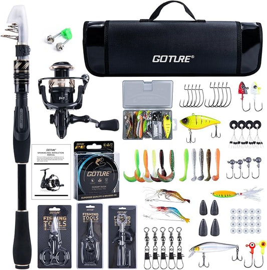GOTURE Telescopic Fishing Rod and Reel Combos, Carbon Fiber Travel Fishing Pole, 9+1 BB Spinning Reel, Saltwater Freshwater Fishing Gear Kit with Braided Line, Lures, Carrier Bag for Bass Trout
