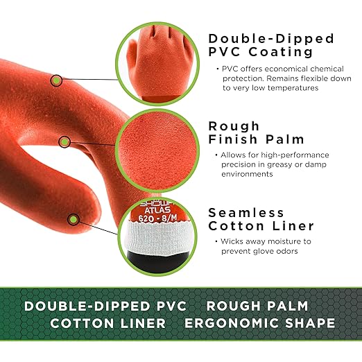 SHOWA Atlas 620 Double-Dipped PVC Chemical Resistant Gloves, Rough Finish Grip, Seamless Cotton Liner, 12" Length, Latex-Free, Orange, X-Large, 1 Pair