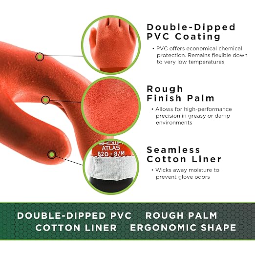 SHOWA Atlas 620 Double-Dipped PVC Chemical Resistant Gloves, Rough Finish Grip, Seamless Cotton Liner, 12" Length, Latex-Free, Orange, Small, 12-Pack