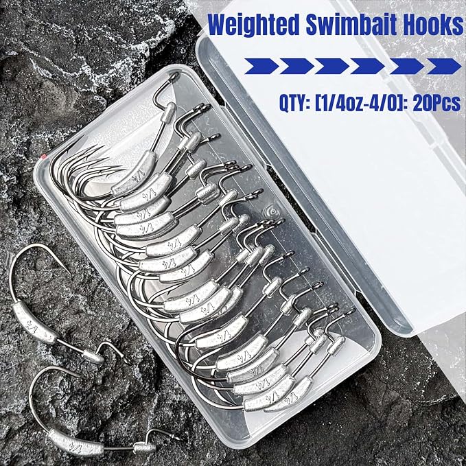 20Pcs Weighted Bass Fishing Hooks Set, Customized Swimbait Hooks Wide Gap Weedless Worm Fish Hook with Molded Bait Keeper 1/0 2/0 3/0 4/0