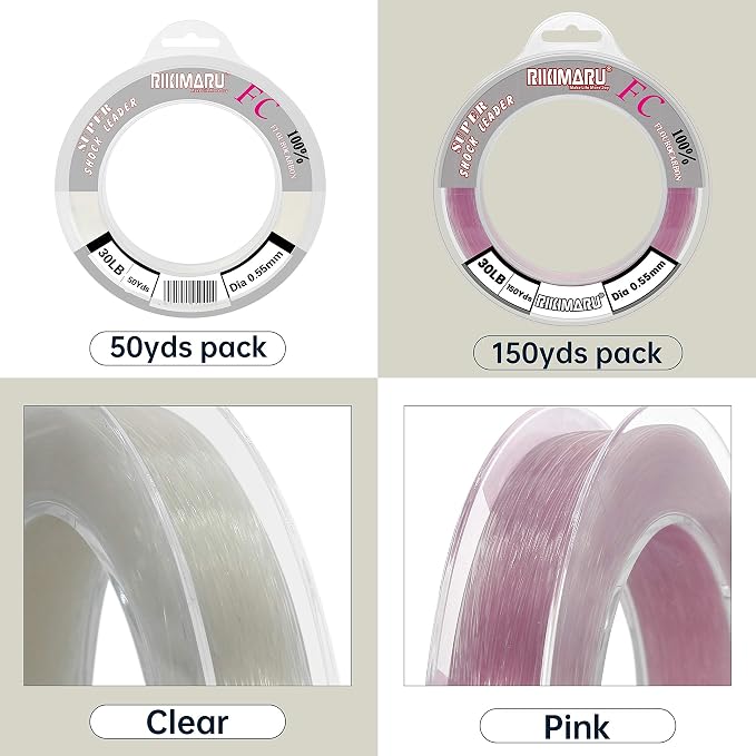 Rikimaru FC 100% Fluorocarbon Pure Shock Resistant, Sinks Faster Than Mono, Leader Material, 2LB-150LB