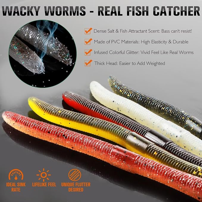 Dovesun Wacky Worm for Bass Trout Fishing Worms Kit with Soft Plastic Baits, Weedless Hooks, Bass Hooks,Weedless Jig Head, Wacky Rig Tool, O-Rings, Weight 152Pcs/131Pcs/50Pcs
