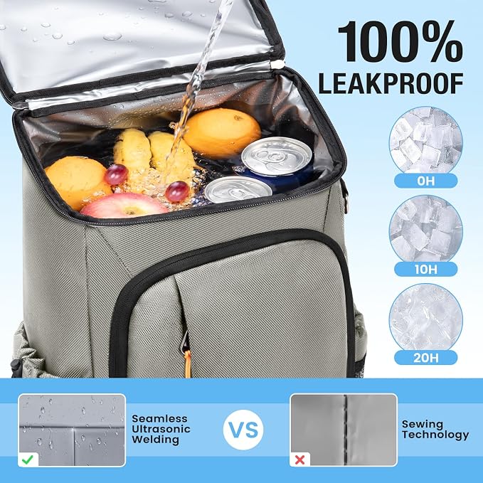 Cooler Backpack- 40 Cans Insulated Backpack Cooler for Men & Women Portable Leak Proof Lunch Backpack Cooler Bag for Beach Picnic Travel Work Camping Hiking-Grey