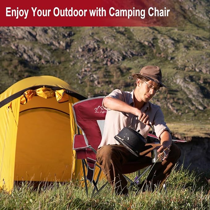 Camping Chairs for Adults Heavy Duty 400lbs Capacity, Folding Chair with Large Anti-Sink Feet & Cup Holder, Extra Wide Portable Outdoor Chair for Camping, Beach, Lawn, Fishing, Red
