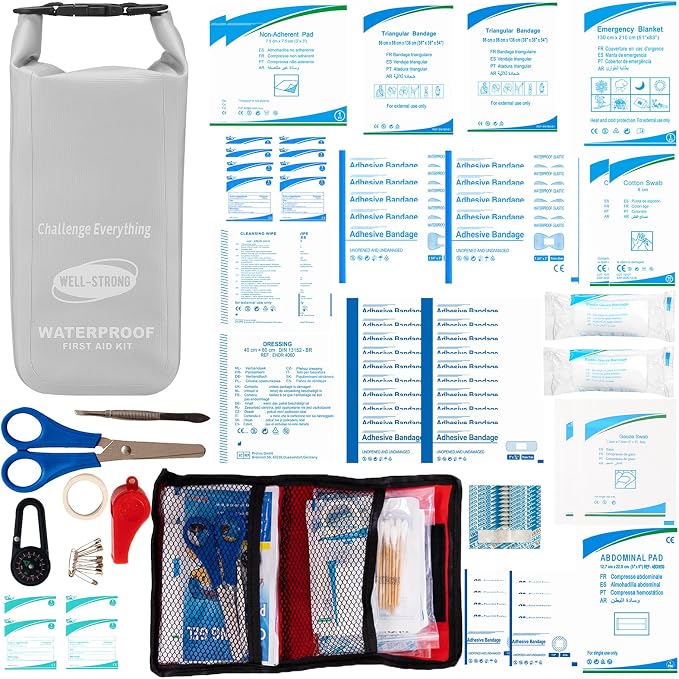 Boat First Aid Kit Waterproof, WELL-STRONG Marine Emergency Kit with Roll Top Dry Bag for Boating Fishing Kayaking – Water-Resistant Contents for Camping & Beach（Light Grey）