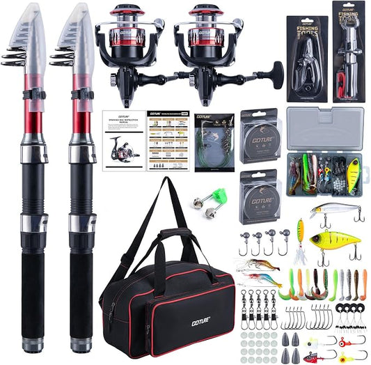 Goture Fishing Rod and Reel Combos-2PCS Telescopic Fishing Pole+2PCS Spinning Reels with Carrier Bag,1.8M-2.7M Telescopic Rod Reel Kit for Starter Travel Saltwater Freshwater,Gifts for Men