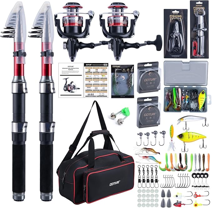 Goture Fishing Rod and Reel Combos-2PCS Telescopic Fishing Pole+2PCS Spinning Reels with Carrier Bag,1.8M-2.7M Telescopic Rod Reel Kit for Starter Travel Saltwater Freshwater,Gifts for Men