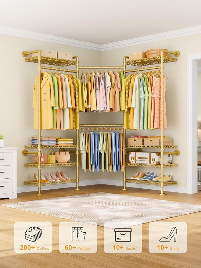 M6 Clothes Rack for Wall Mounted, Heavy Duty Closet Wardrobe System with 8 Shelves and 4 Hanger Rods, 68.5" W x 11.8" D x 86.6" H Clothing Storage Organizer for Holding 1064lbs, Gold