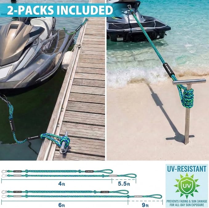 Obcursco Bungee Dock Lines for Boat, Docking Rope with 316 Stainless Steel Clips, Accessories for Jet Ski, PWC, SeaDoo, Pontoon, Center Console, Sets of Two(4ft & 6ft) (Green/Blue)