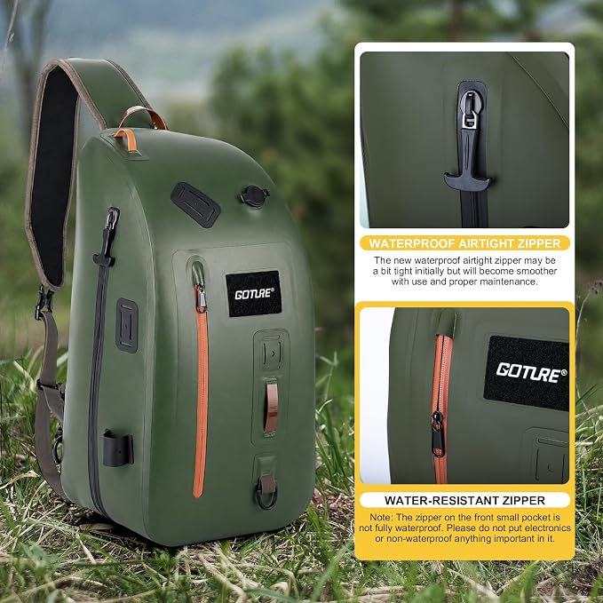 Goture Waterproof Fly Fishing Sling Pack, IPX8 840D TPU Fishing Sling Bag, 13L Tackle Backpack with Rod Holder,Airtight Zipper,Exhaust Valve,Adjustable Strap for Kayaking,Wadering,Hiking