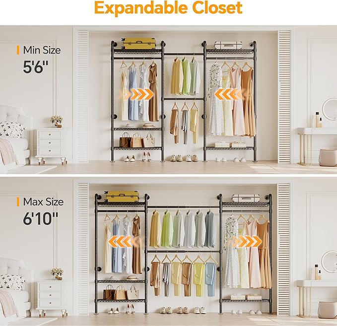 W3 Industrial Pipe Clothing Rack, Wall Mounted Clothes Rack Closet Wardrobe System with Expandable Hanger Rods Adjustable Storage Shelves, Heavy Duty Corner Walk-in Closet System, Black