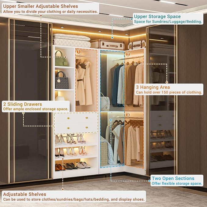 Closet System with 2 Drawers, 3 Hanging Rods, 59.5" * 31.5" Closet Organizer System with Corner Tower, Reversible L Shaped Walk-in Closet System, Corner Closet System Set of 2, White