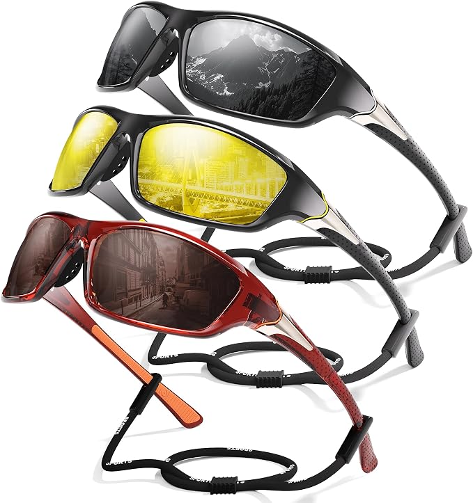 3 Pack Polarized Sports Sunglasses for Men, Mens Sunglasses Wrap Around UV Protection for Cycling Fishing Driving