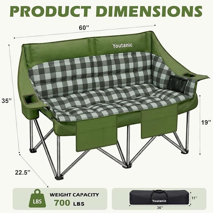 Youtanic 60" Extra Double Camping Chair, 700lbs Heavy Duty Padded Loveseat for Adults, Oversized 2 Person Folding Camp Couch with Dual Cup Holders, Portable Plaid Lawn Chair for Outside, Sports, Green