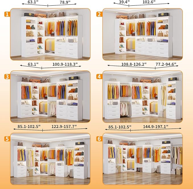 Closet System with 4 Sets, 8.5FT-21.5FT Corner Closet Organizer System with 9 Drawers & 12 Shelves & 8 Hanging Rods, L-Shaped Modular Closet System adjustable for Freestanding or Walk-in Closet, White
