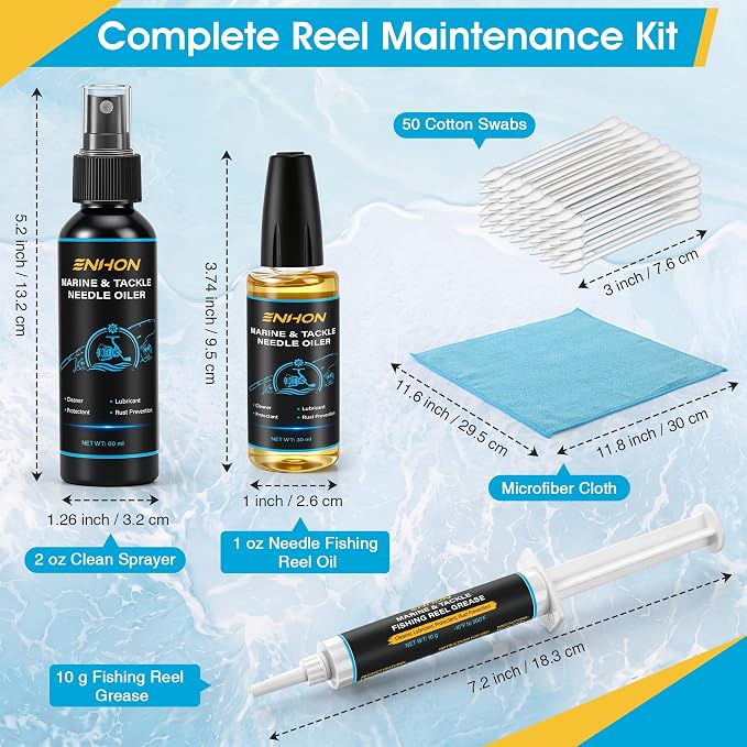 Enhon Fishing Reel Oil Kit, 1 oz Needle Fishing Gear Oil Lubricant, 2 oz Clean Sprayer for Lubricate, 10 g Grease, Cotton Swabs, Microfiber Cloth, Fish Reel Maintenance Kit for Fish Care Reels & More