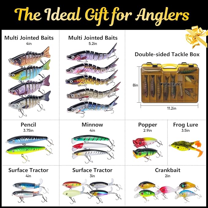 THKFISH Fishing Lures Kit with Multi Jointed Swimbaits Surface Popper Crankbaits Pencil Minnow Frog, 28pcs Topwater Trout Bass Fishing Tackle Fathers Day Fishing Gifts for Men Dad