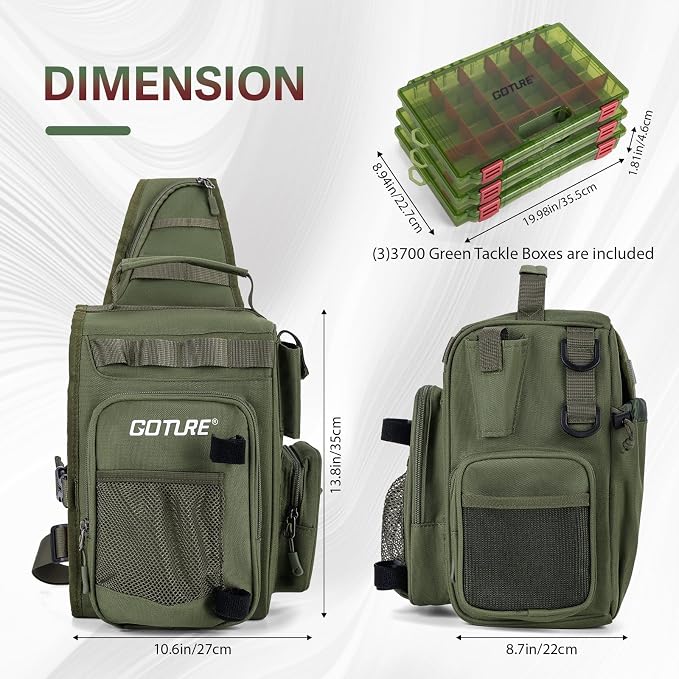 Goture OpenSide Tactical Sling Tackle Bag with 3 3700 Tackle Trays, Lightweight Fishing Backpack Storge Fishing Gear and Equipment - Green Bag Outdoor,Gift for men