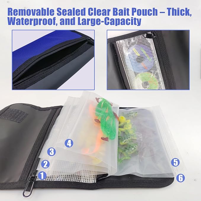 Aventik Soft Lure Storage Binder Bait Organizer– Durable Water-Resistant Fishing Tackle Wallet with 6 Clear Sleeves 2 Zipper Pockets & Carabiner for Worms, Rigs & Accessories (2pc-M:Blue+Red)