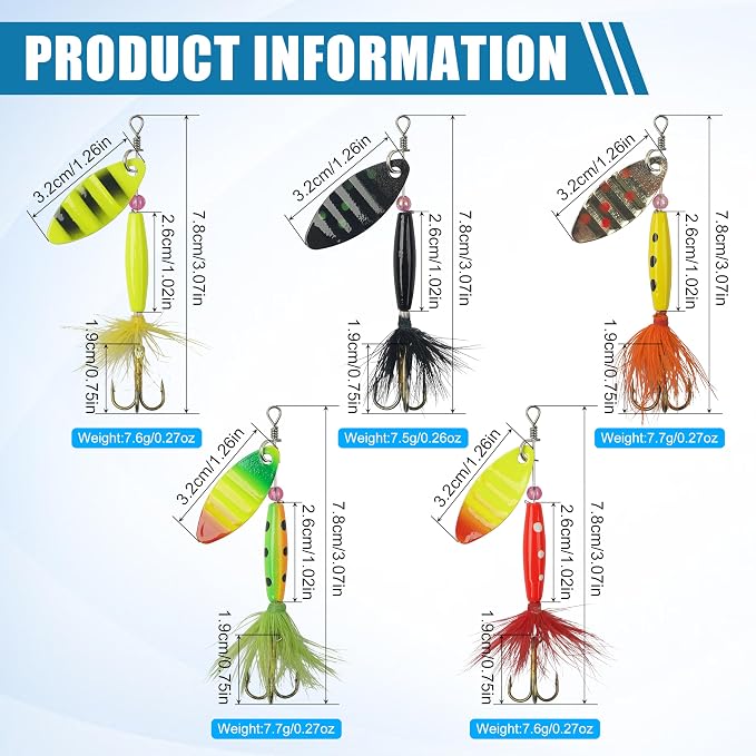 Spinner Baits Bass Lures Rooster Feather Tail Fishing Lures Trout Lures Hard Metal Inline Spinnerbaits for Bass Trout Pike Walleye Salmon with Tackle Box