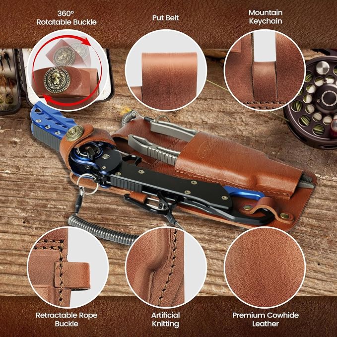Fishing Pliers Holster with Retractable Lanyard, Universal Fit for Most Sea Fishing & Wild River Lure Tongs Leather Accessories