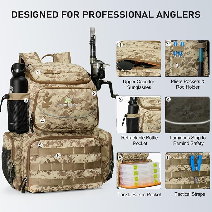 N NEVO RHINO Fishing Tackle Backpack with Rod Holders, 40L Large Fishing Bag with Waterproof Rain Cover,Outdoor Tackle Bag