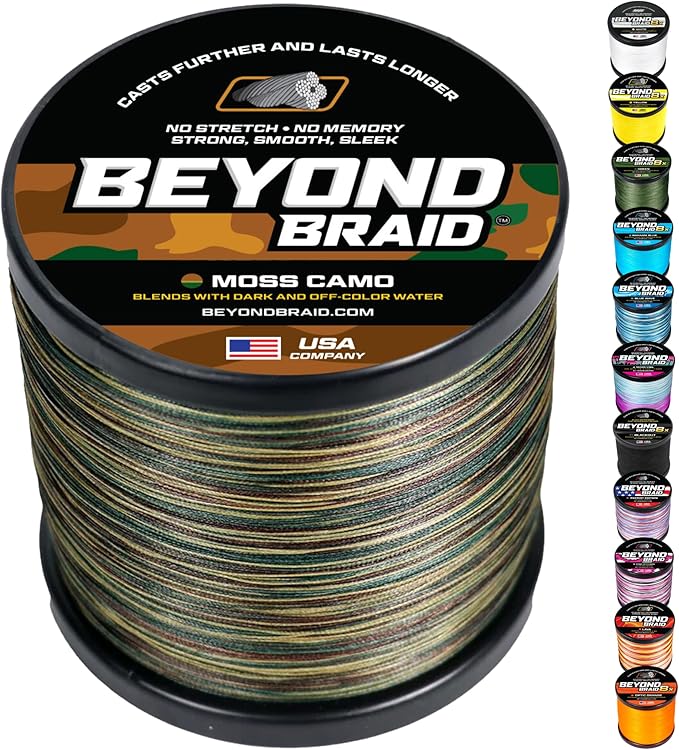 Beyond Braid Braided Fishing Line -Super Strong - Abrasion Resistant - No Stretch -Blue Camo, Moss Camo, White, Green, Pink, Blue, 4 Strand 8 Strand