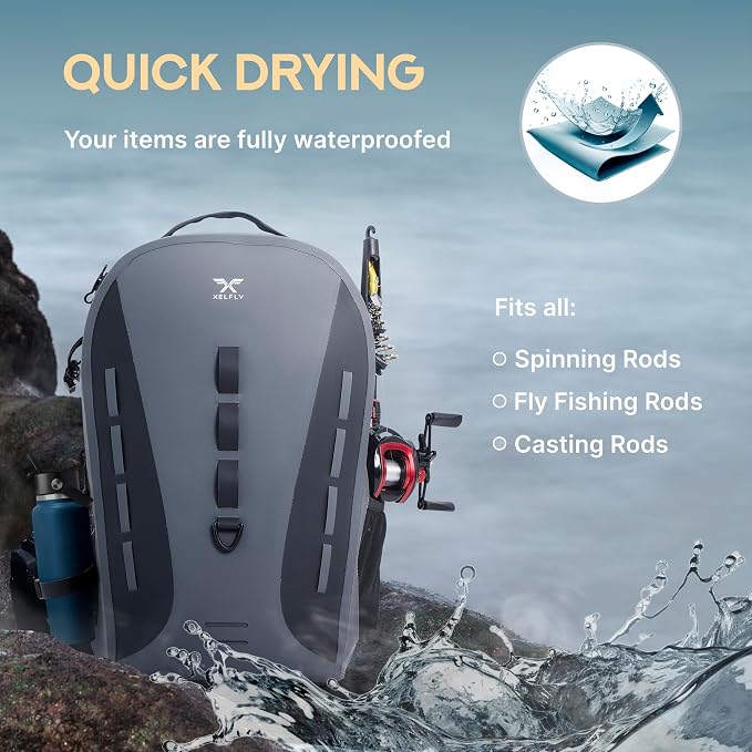 Xelfly Waterproof Fishing Backpack G2 with Rod Holder, Inflatable Air Valve, Padded Waist Straps & Gear Loops - Submersible Zipper, Rugged Top Handle, Adjustable Attachments (Gray)