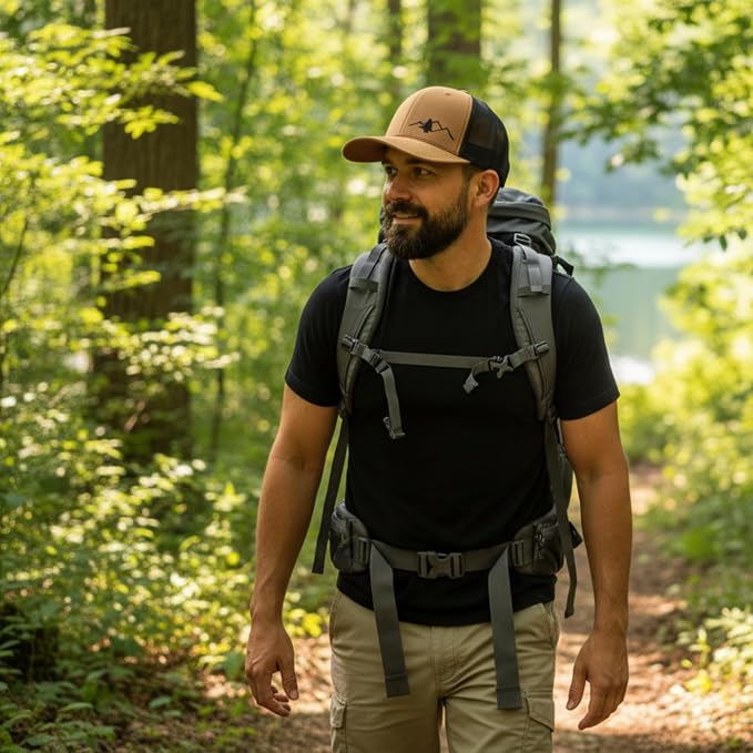 LINDO Trucker Hat [ Great Outdoors Design ] for Men and Women: Mid Profile Cap with Breathable Mesh Back and Adjustable Snap